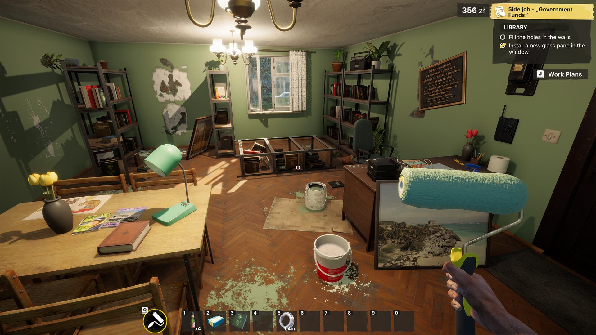 A green room in Low-Budget Repairs with a paint roller and Work Plans interface
